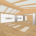 Bright Fitness Studio With Wooden Ceiling And Floors Large Windows Lockers And Yoga Mats