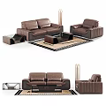 Modern Living Room With Brown Leather Sofas Armchairs Coffee Tables And Black White Geometric Rug