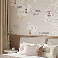 Kids Room Interior With World Map Wall Decal Plush Toy And Storage Cabinets