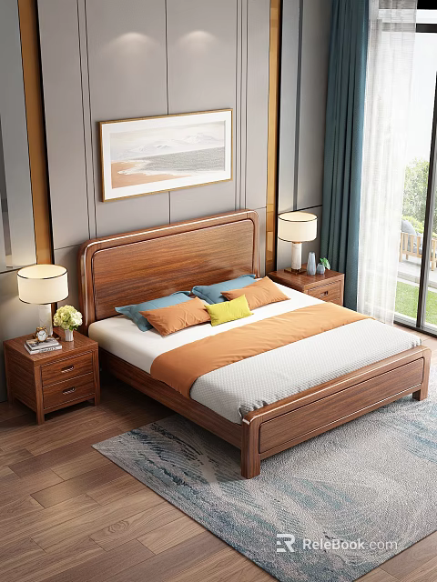 Background Double Bed with Wooden Frame Orange Blue Pillows Nightstands Lamps and Gray Wall 3d model 