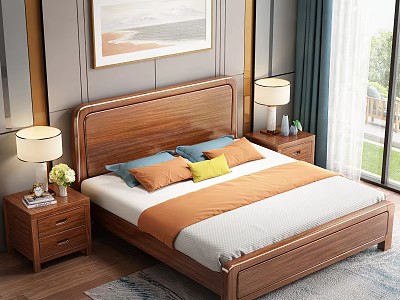 Background Double Bed with Wooden Frame Orange Blue Pillows Nightstands Lamps and Gray Wall 3d model