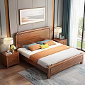 Background Double Bed with Wooden Frame Orange Blue Pillows Nightstands Lamps and Gray Wall