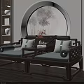 Chinese Traditional Arhat Daybed with Wooden Frame Light Cushions and Round Decorative Painting