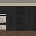 Modern Walk in Closet Design with Black Cabinets Glass Doors Dressing Table Mirror White Chair