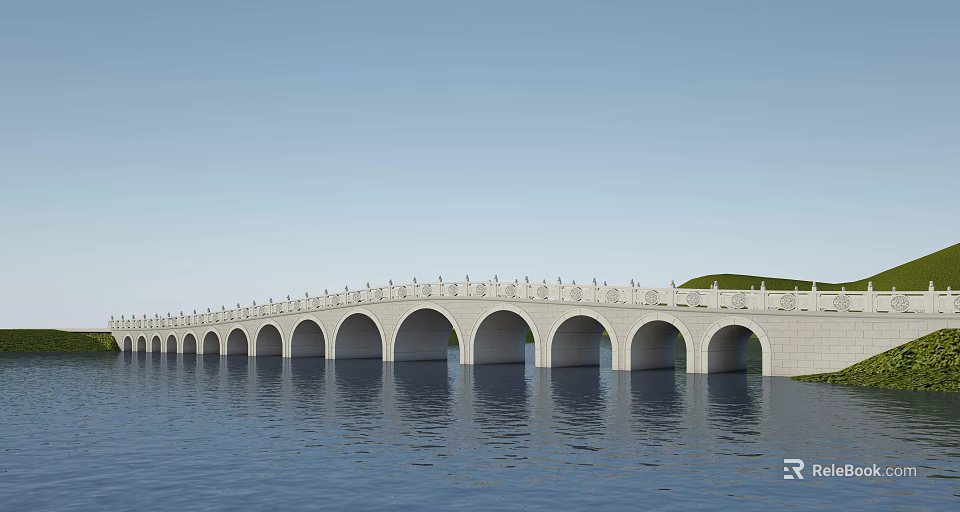 Stone Arch Bridge With Multiple Arches Over Calm Water And Decorative Railings 3d model 