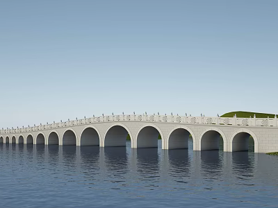 Stone Arch Bridge With Multiple Arches Over Calm Water And Decorative Railings 3d model