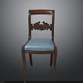 Elegant Classic Wooden Chair With Intricate Carved Backrest And Blue Upholstered Seat