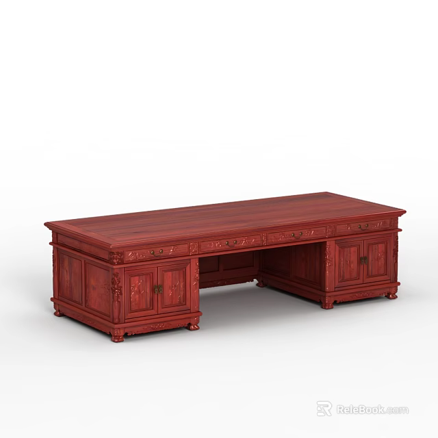 Elegant Traditional Chinese Carved Mahogany Desk With Drawers And Cabinets 3d model 