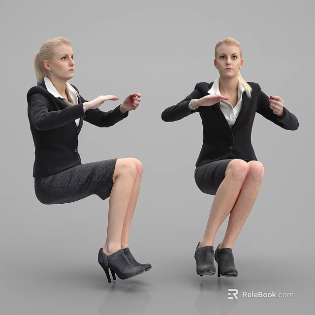 Business Women In Black Blazers White Shirts Gray Skirts Demonstrating Different Squatting Poses 3d model 