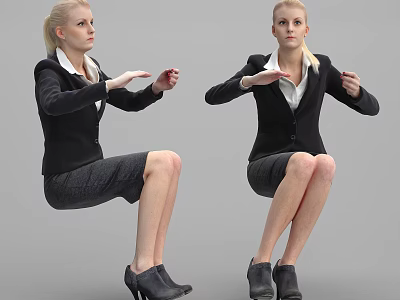 Business Women In Black Blazers White Shirts Gray Skirts Demonstrating Different Squatting Poses 3d model
