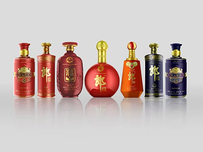 Assorted Colored Wine Bottles Featuring Golden Accents And Chinese Symbols On Shiny Surface 3d model