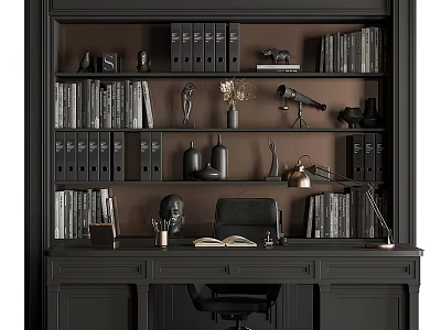 Dark Office Desk Setup With Built In Bookshelf Books Binders And Decorative Items 3d model