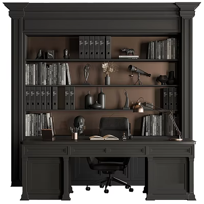Dark Office Desk Setup With Built In Bookshelf Books Binders And Decorative Items 3d model
