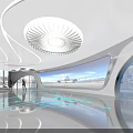 Modern Exhibition Hall With Curved White Ceiling Circular Light And Large Airplane Scene