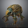 Fantasy Creature Character Featuring Elephant Beetle Hybrid With Blue Yellow Intricate Exoskeleton