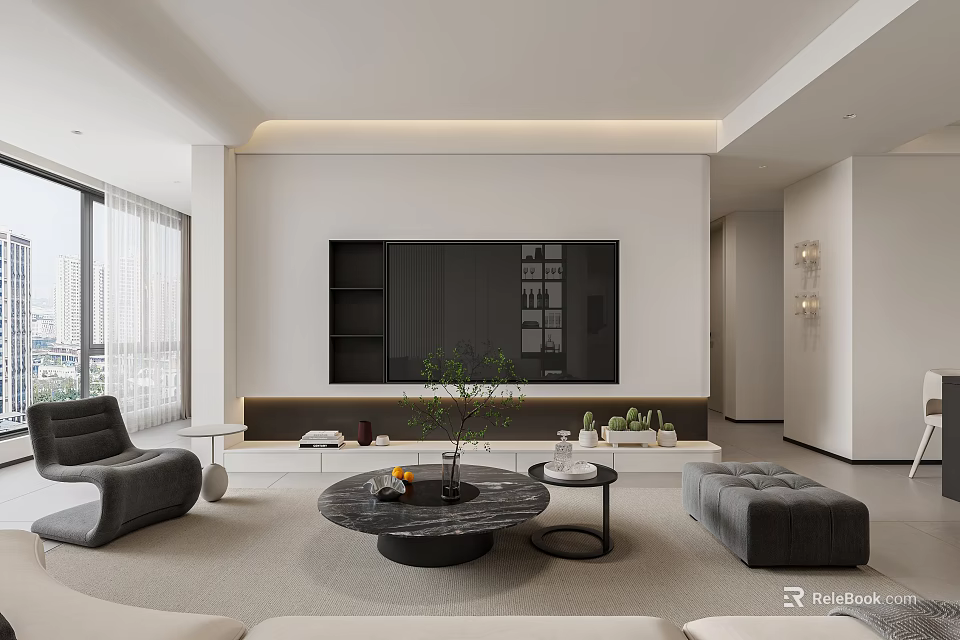 Modern Living Dining Room Interior Design With Sofa Coffee Table TV Wall And Decorative Plants 3d model 