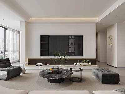Modern Living Dining Room Interior Design With Sofa Coffee Table TV Wall And Decorative Plants 3d model