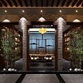 Traditional Chinese Teahouse Interior With Wooden Furniture Carved Ceiling And Elegant Lighting