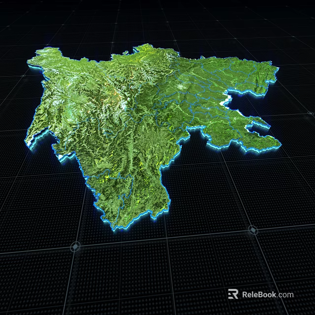 3D Geographic Terrain Model With Green Vegetation And Blue Outline On Black Grid Background 3d model 