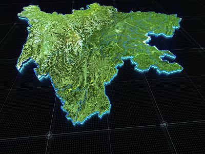 3D Geographic Terrain Model With Green Vegetation And Blue Outline On Black Grid Background 3d model