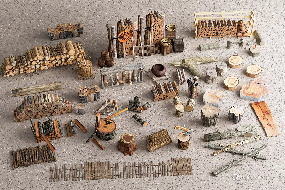 Rustic Garden Decorations Featuring Wooden Logs Hand Tools And Small Ornaments For Yard 3d model 