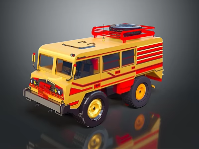 Yellow Functional Vehicle With Red Stripes And Roof Equipment 3d model