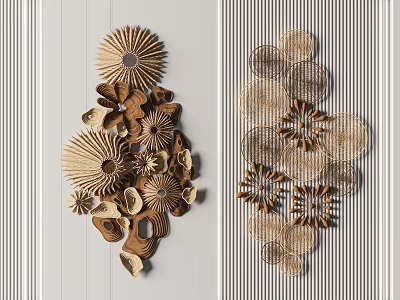Modern Wall Decor With Wooden Flower Shapes And Circular Woven Patterns 3d model