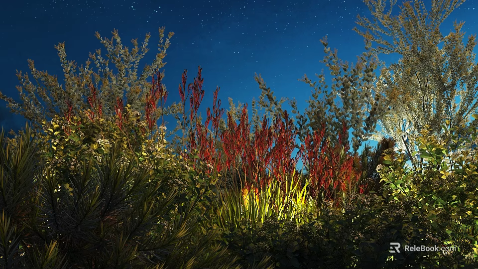 Colorful Garden Shrubs With Red And Green Foliage Illuminated Under Starry Night Sky 3d model 