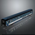 Blue And White Train Carriage Model With Windows On Reflective Gray Surface