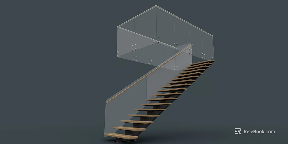 Modern Staircase Design With Glass Railing And Wooden Steps For Home Interior 3d model 