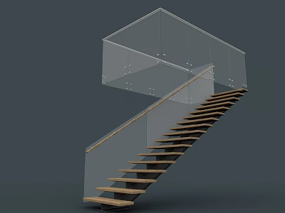 Modern Staircase Design With Glass Railing And Wooden Steps For Home Interior 3d model