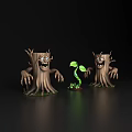 Cartoon Bush Stumps With Scary Faces And Small Green Plant On Black Background