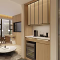Modern Hotel Guest Room With Wooden Wall Panels Sofa Coffee Table And Large Windows