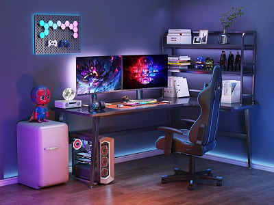 Dark Blue Gaming Desk Setup with Dual Monitors LED Light Decor and Ergonomic Chair 3d model