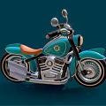 3D Rendered Blue Classic Motorcycle With Orange Seat Chrome Accents And Dark Blue Background