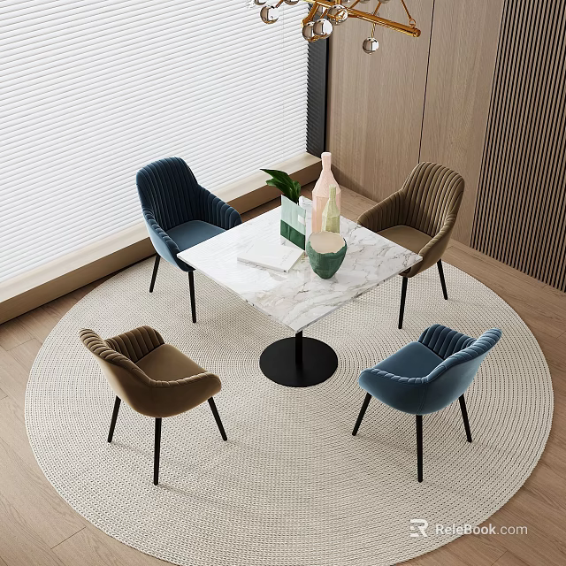 Modern Dining Table Set with Marble Top Black Base and Blue Brown Fabric Chairs 3d model