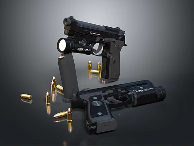 Tactical Pistols With Flashlight Attachment And Scattered Bullets On Dark Surface 3d model