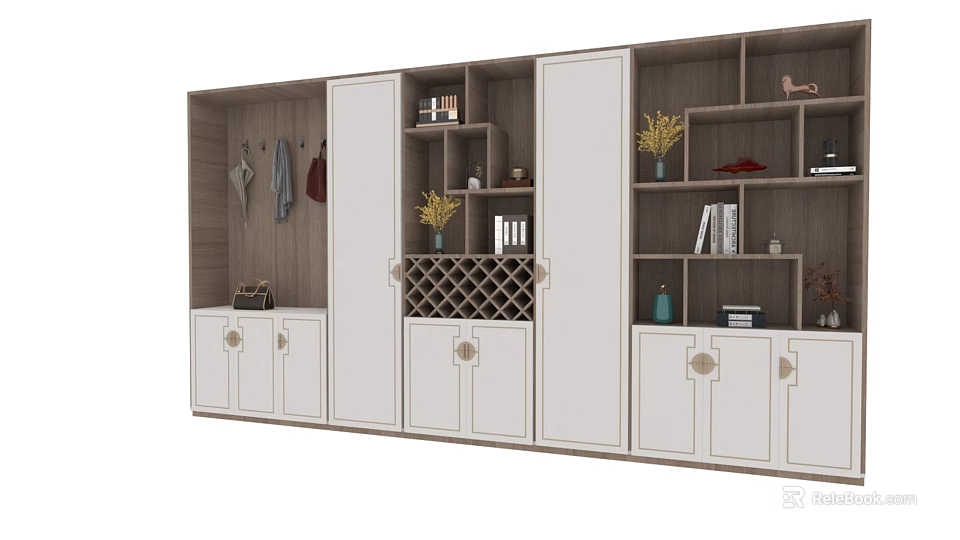 Modern Multi functional Shoe Cabinet With Coat Hooks Storage Shelves And Decorative Items 3d model