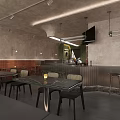 Modern Minimalist Café Interior With Marble Tables Black Chairs Wooden Walls Bar And Warm Lighting