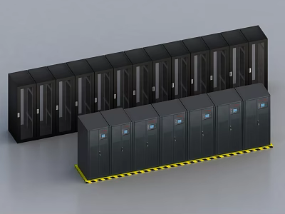 Modern Black Server Cabinets Arrangement In Data Center With Warning Stripes 3d model