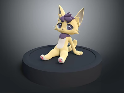 Yellow Feline Game Character With Purple Bow Big Ears Sitting on Black Base 3d model
