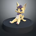 Yellow Feline Game Character With Purple Bow Big Ears Sitting on Black Base