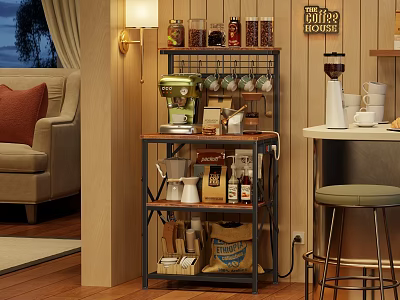 Stylish Shelving Unit Organizing Coffee Supplies Cups Grinder And Beans In Modern Living Room 3d model
