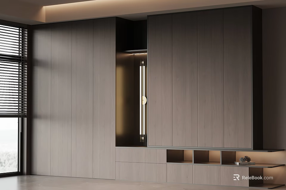 Modern Built in Wardrobe Design With Wooden Panels Lighting Drawers And Open Shelves 3d model 