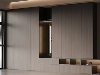 Modern Built in Wardrobe Design With Wooden Panels Lighting Drawers And Open Shelves 3d model