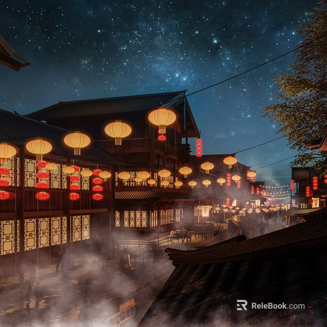 Ancient Architecture Night View With Traditional Wooden Structure Red Lanterns Starry Sky And Misty Street 3d model 