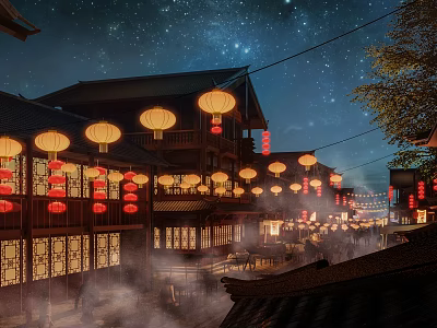 Ancient Architecture Night View With Traditional Wooden Structure Red Lanterns Starry Sky And Misty Street 3d model