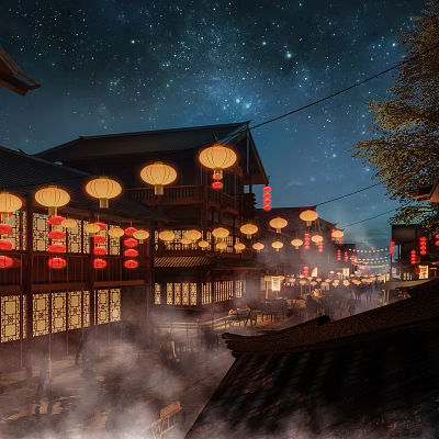 Ancient Architecture Night View With Traditional Wooden Structure Red Lanterns Starry Sky And Misty Street 3d model