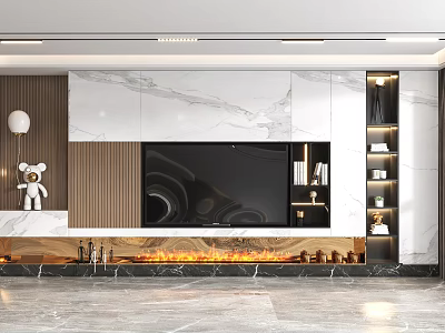 Modern Luxury TV Background Wall With Marble Panel Wooden Stripes Side Shelves And Fireplace Design 3d model