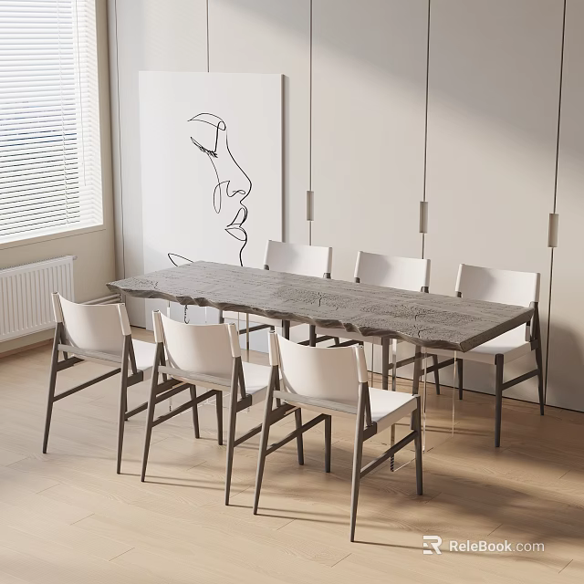 Modern Dining Table Set With White Chairs Abstract Wall Art And Pendant Lights 3d model 